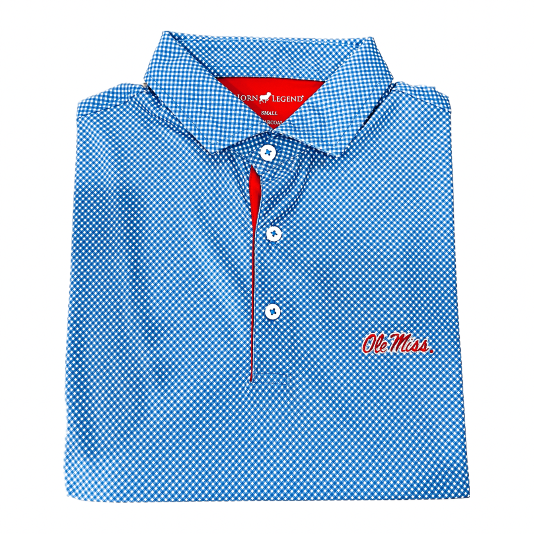 Horn Legend Ole Miss Blue Gingham Polo
