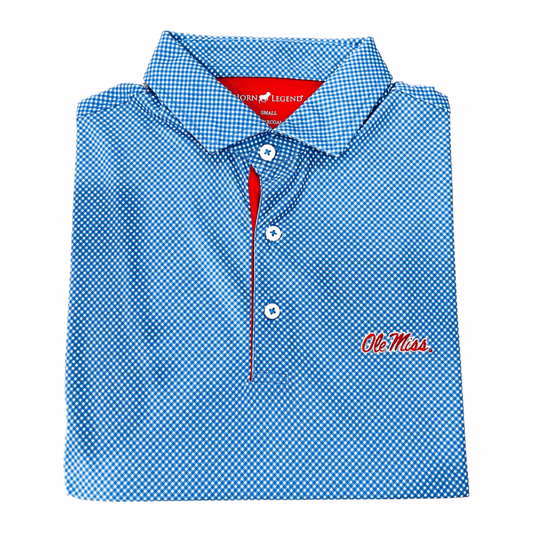 Horn Legend Ole Miss Blue Gingham Polo